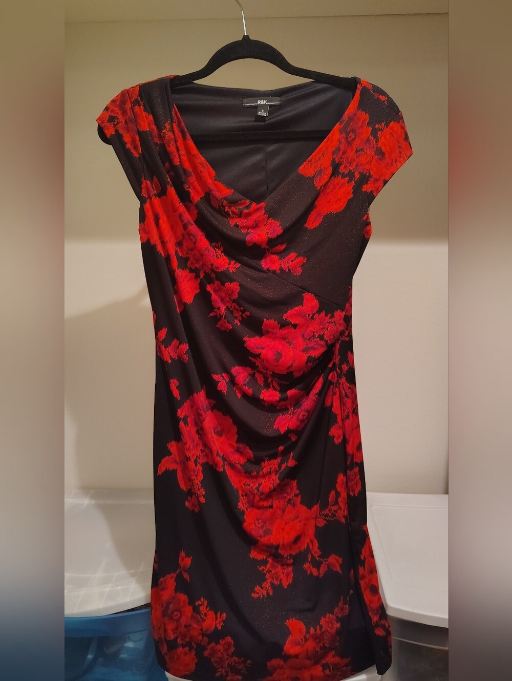 R&K Black Dress with Red Floral Draped Neck